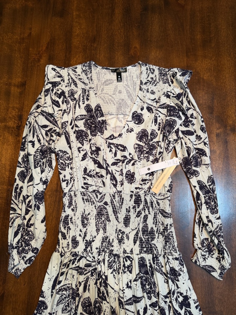 Aqua Smocked Midi Dress - Blue Floral Linen Blend Long Sleeve - Size M NWT - Picture 6 of 7
